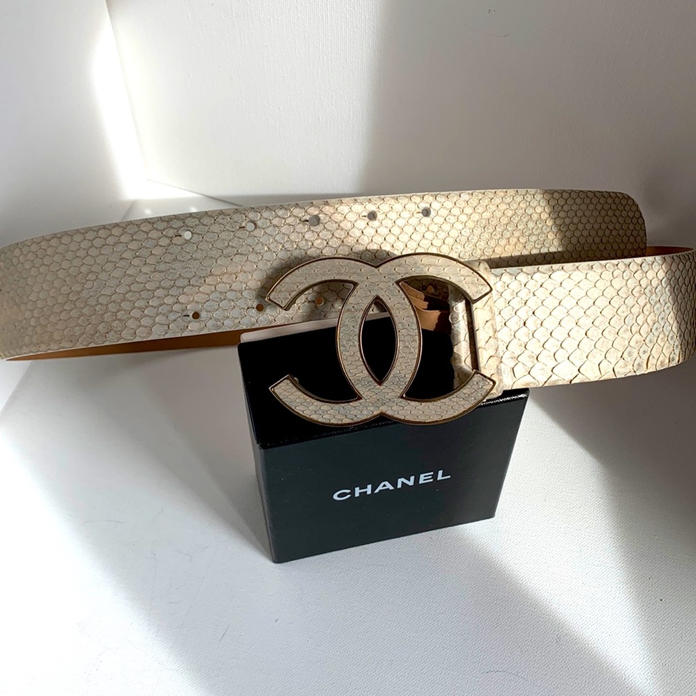 ⭐️ CHANEL Belt RARE Iridescent Python Leather Matte Gold HW Y2K Huge CC Big Logo - Picture 5 of 16